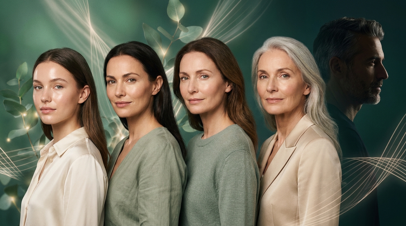 Age Well · A multi-generational portrait showing the Prevention philosophy at Karine Lauzon RN Clinics — women in their 20s, 30s, 40s, and 50s+ plus the Men's Prevention Program
